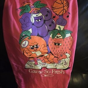 Coral Colored Graphic Long Sleeve Shirt with Fruit Characters.  Nike Womens.